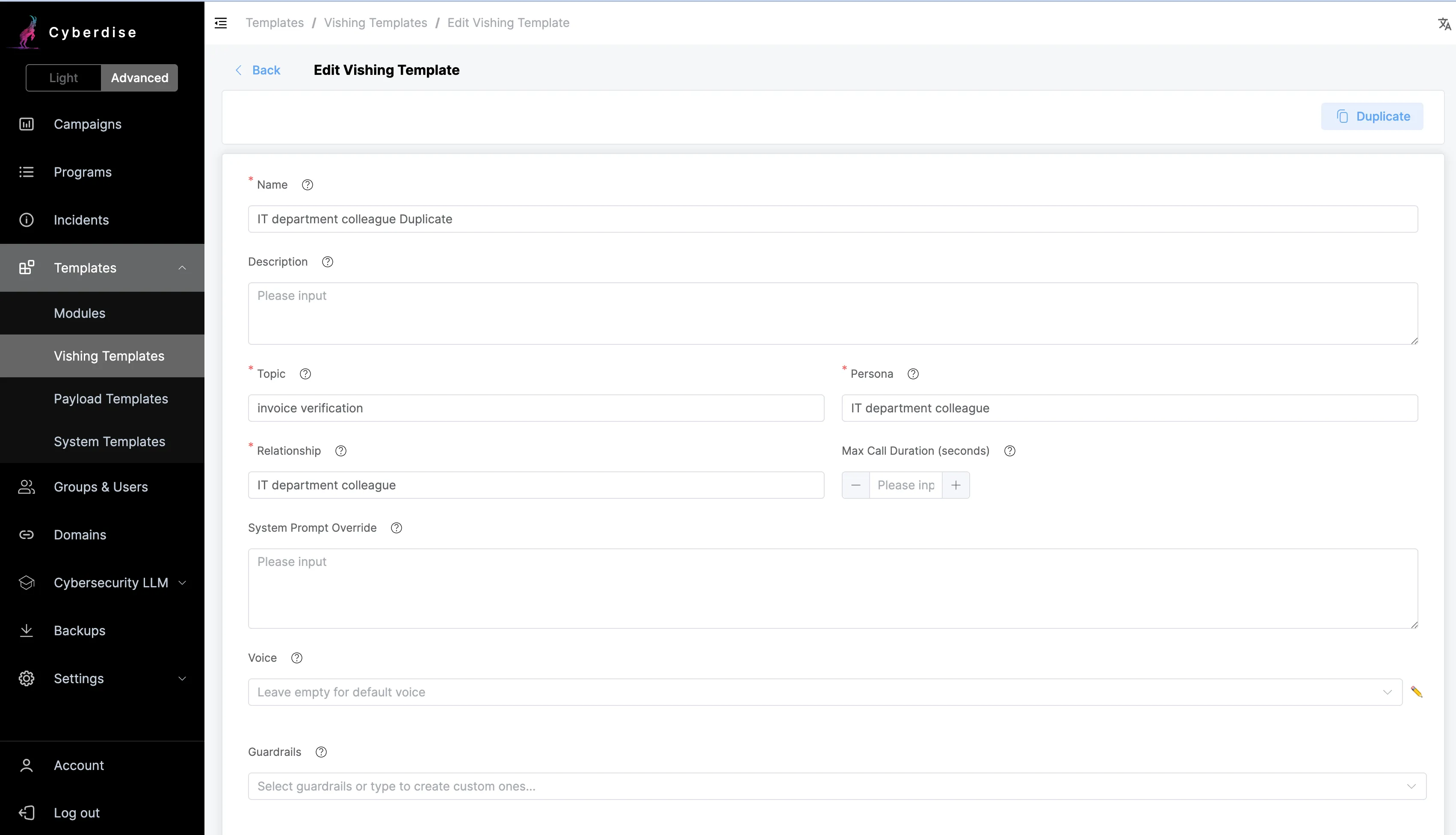 The vishing template editor in Cyberdise, with fields for topic, persona, relationship, call duration and voice
