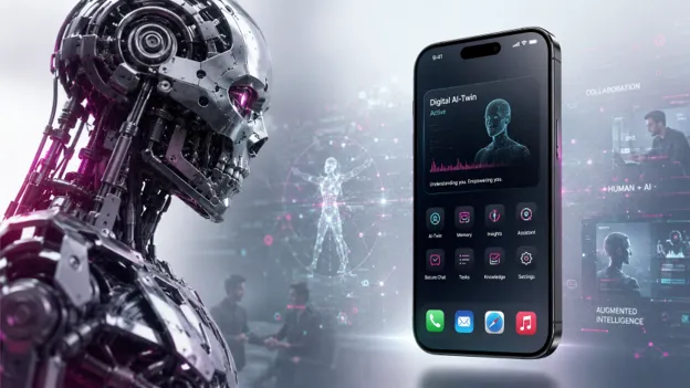 Humanoider Roboter vor einem Smartphone mit aktiver App «Digital AI-Twin» als Sinnbild für den persönlichen KI-Zwilling