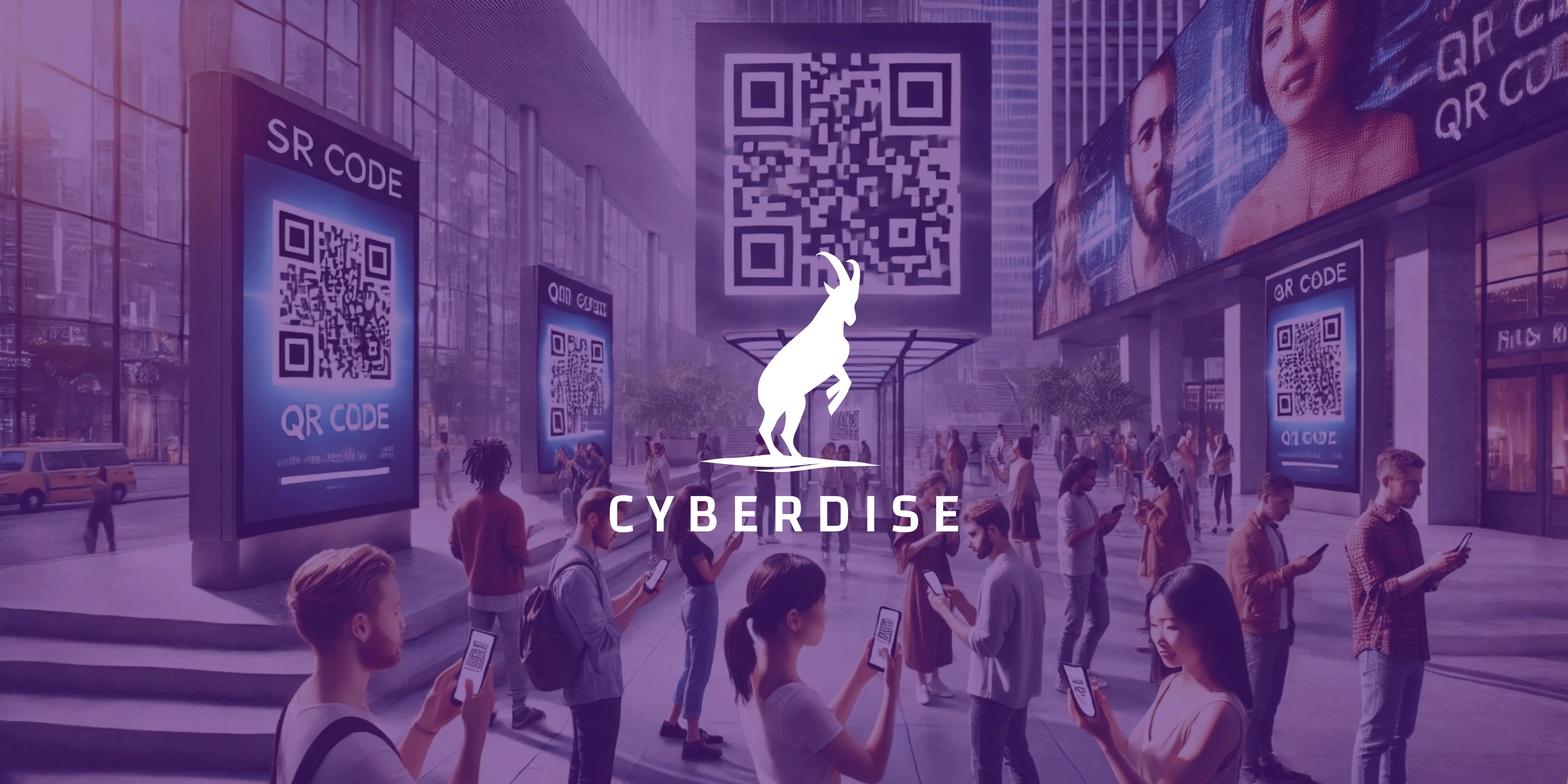 Menschen auf einem Stadtplatz scannen mit dem Handy QR-Codes auf grossen Werbetafeln, darüber das Cyberdise-Logo