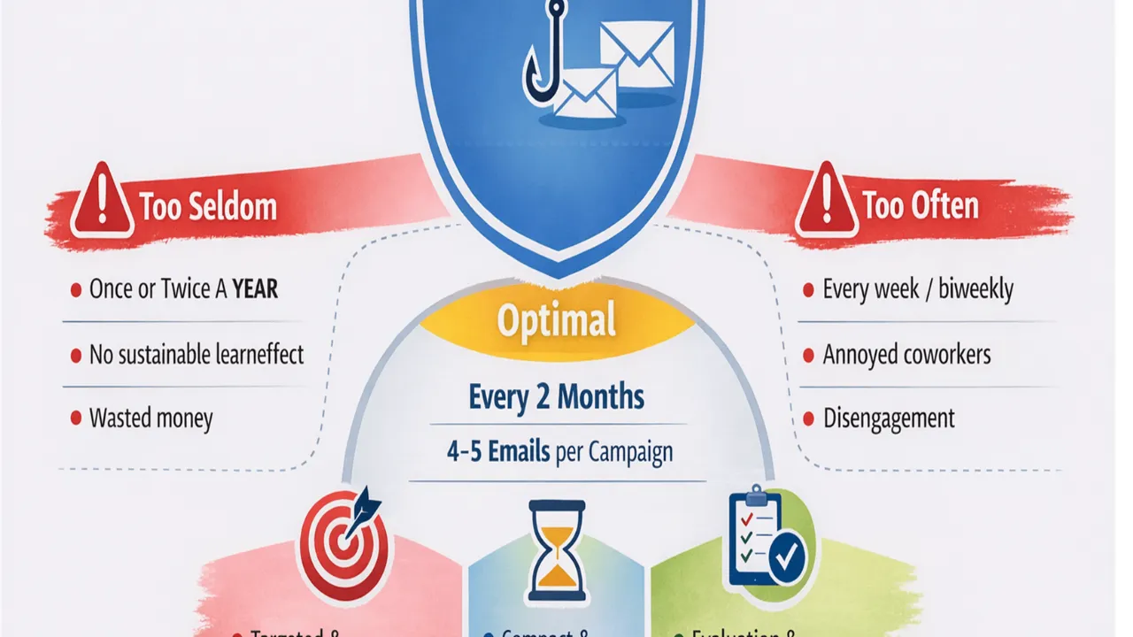 Infographic on phishing simulation frequency: once or twice a year is too seldom, weekly too often, every 2 months optimal