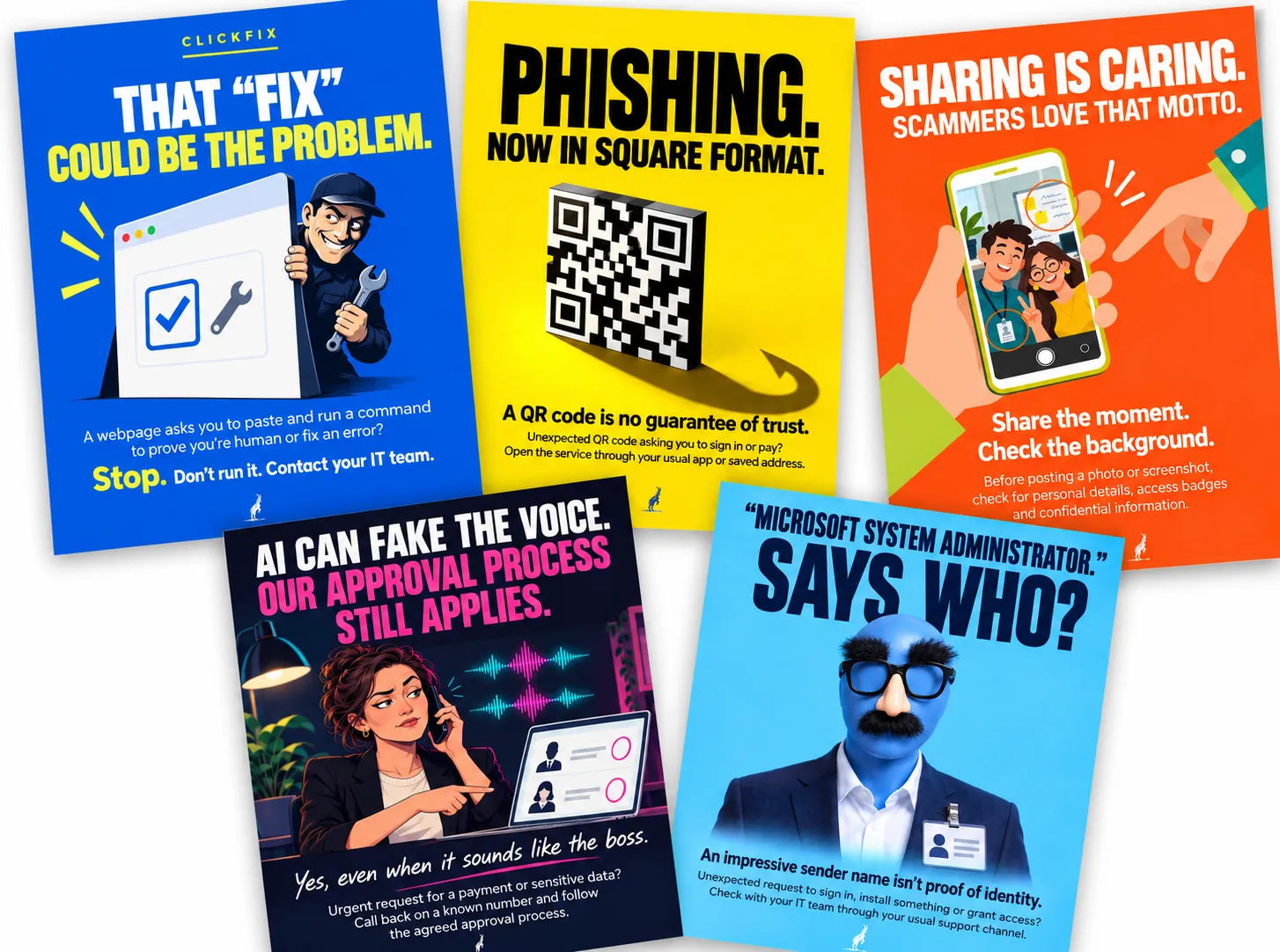 CYBERDISE poster set 5: Quishing, ClickFix, Sharing is caring, AI can fake the voice, and Microsoft System Administrator