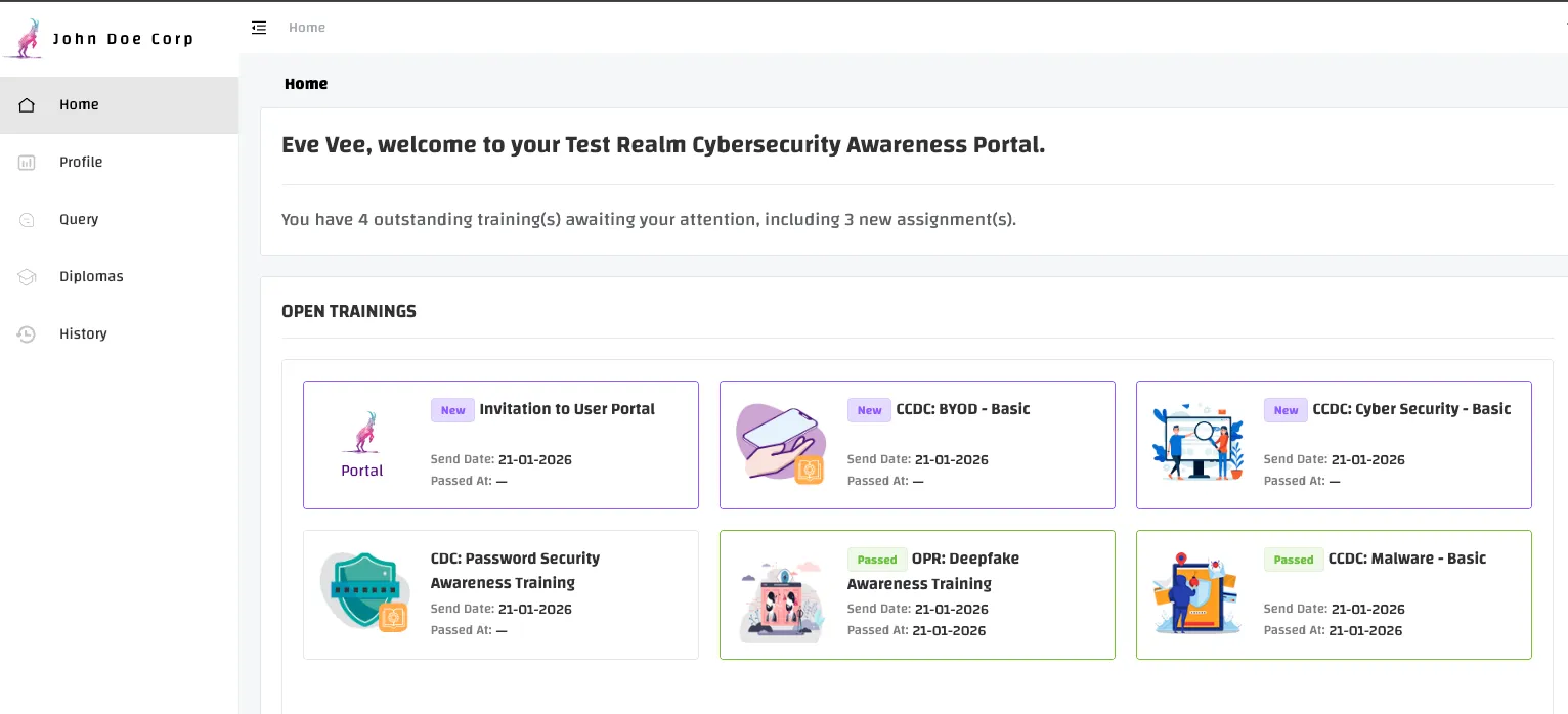Screenshot of a user's personal training portal home, listing open trainings such as BYOD, cyber security and malware basics