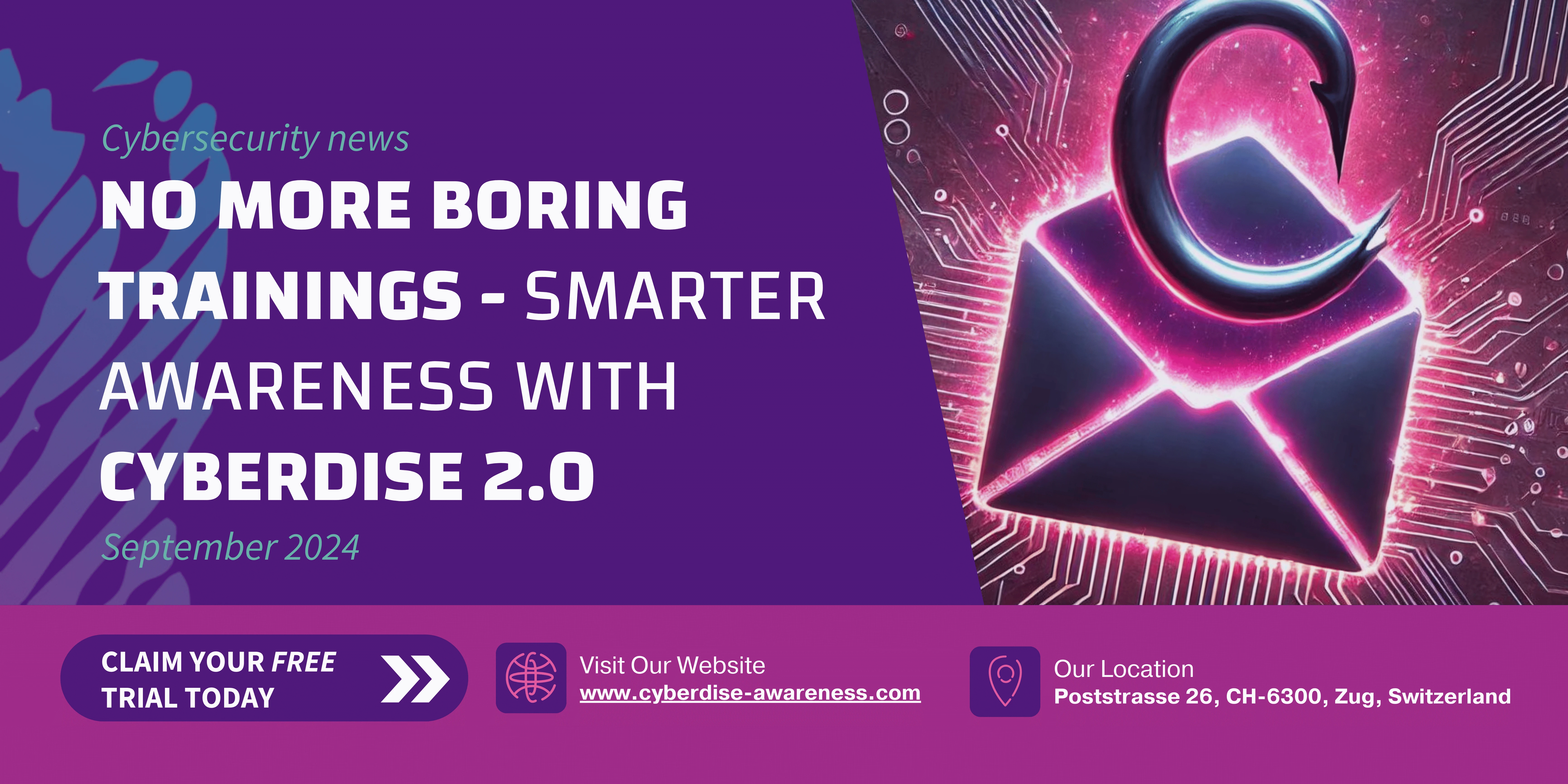 Banner: «No more boring trainings – smarter awareness with Cyberdise 2.0», daneben ein Briefumschlag an einem Angelhaken