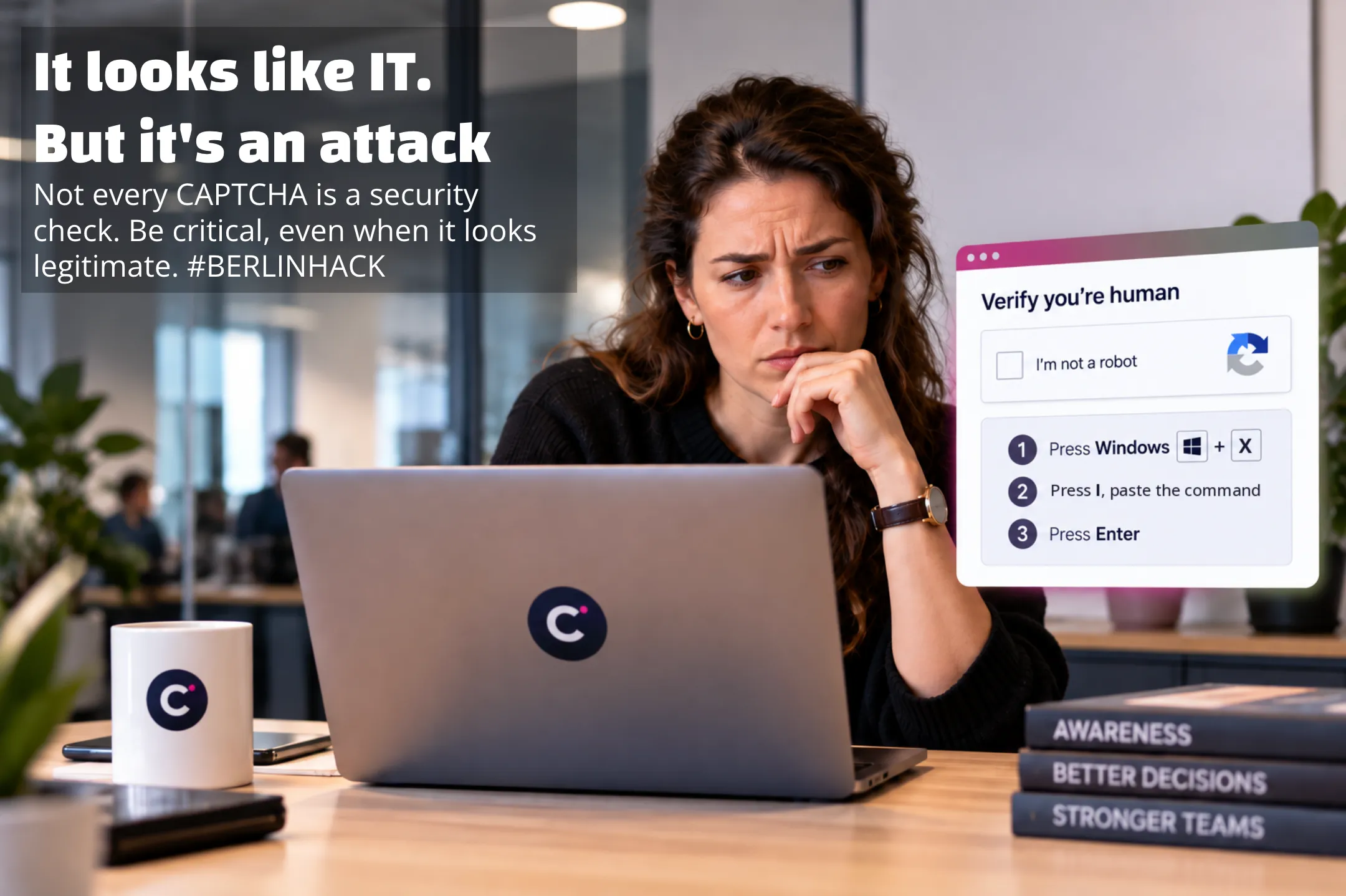 Eine Frau runzelt die Stirn vor einem gefälschten CAPTCHA, das sie auffordert, Windows+X, dann I zu drücken und einen Befehl einzufügen. Bildtext: «It looks like IT. But it's an attack»