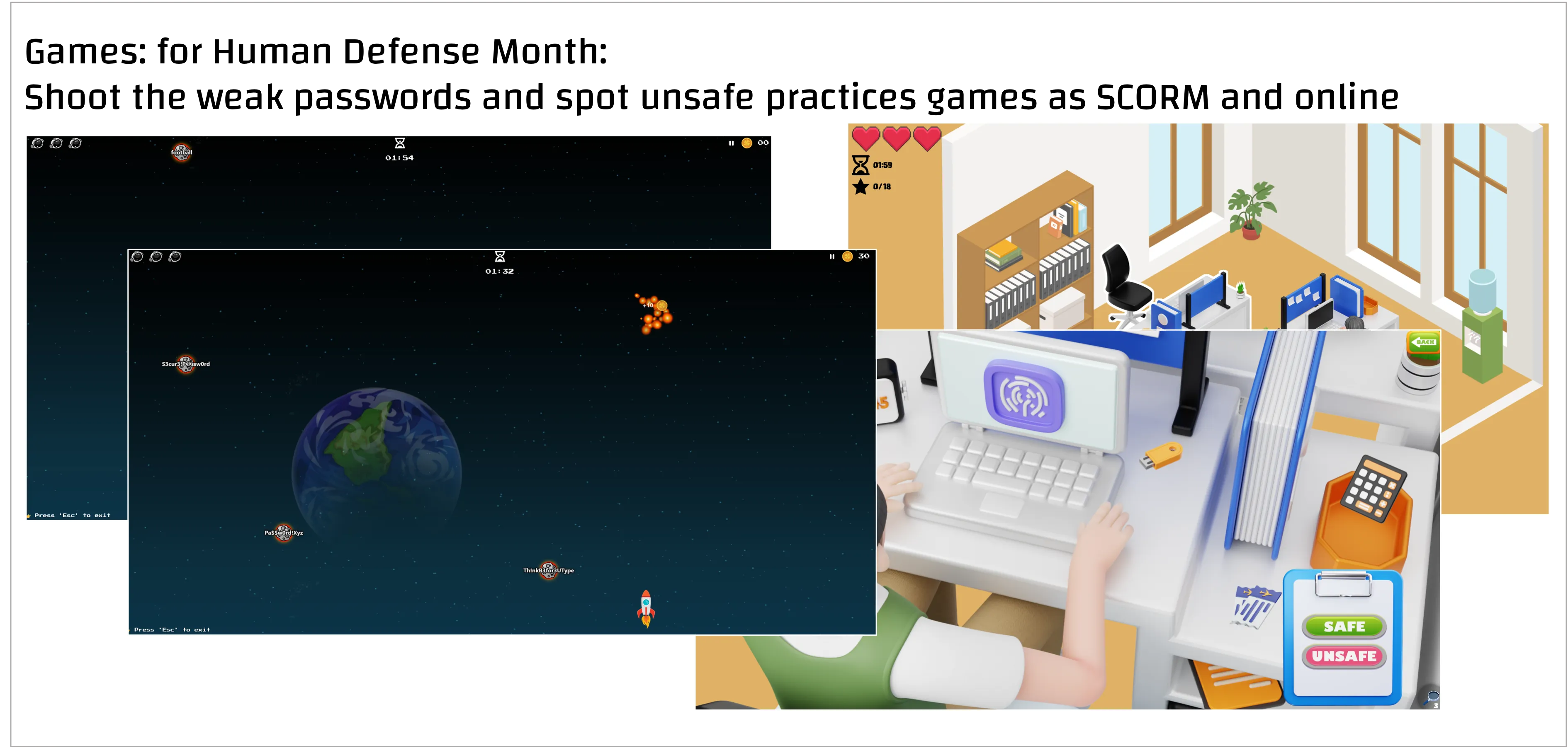 Screenshots of the two CYBERDISE Human Defense Month 2026 games: Shoot the Weak Passwords in space and Spot the Unsafe Practices in an office