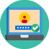 Icon zur Phishing-Vorlage «Password Check»: Laptop mit Login, Passwortfeld und grünem Häkchen