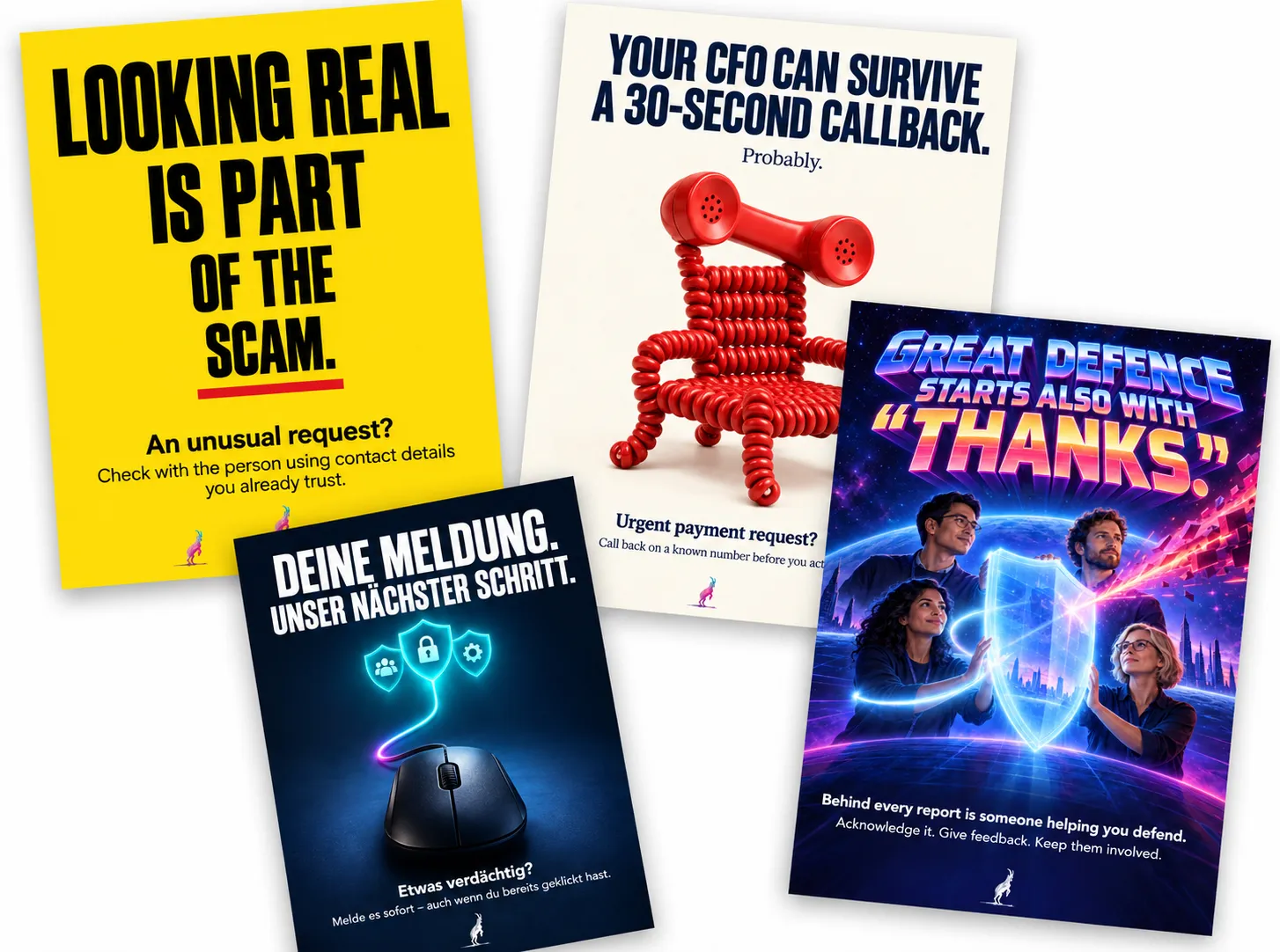 CYBERDISE poster set 1: Looking real, the CFO callback, Your report, our next move, and Thanks