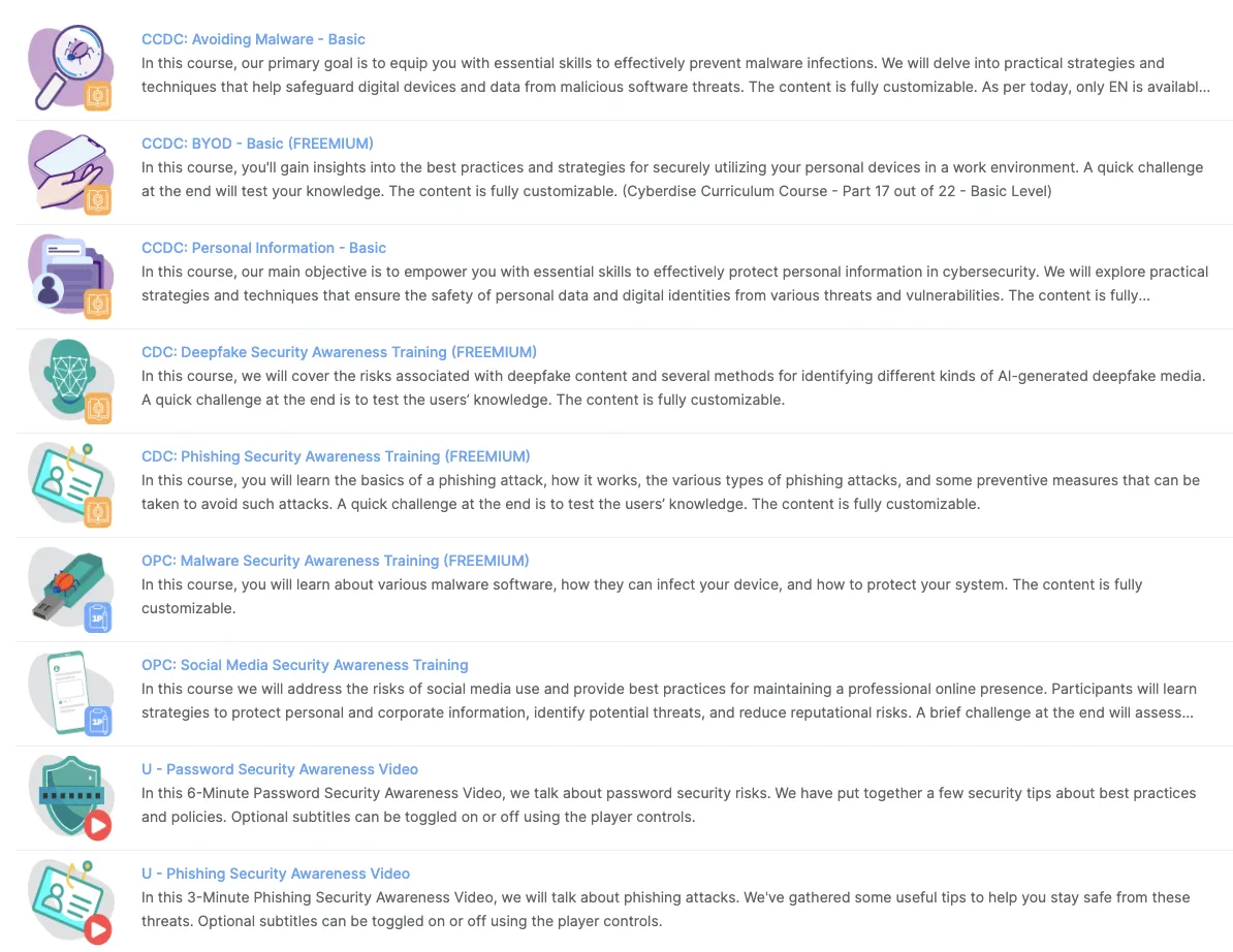 Screenshot of the Cyberdise course list with awareness courses on malware, BYOD, deepfakes, phishing and passwords