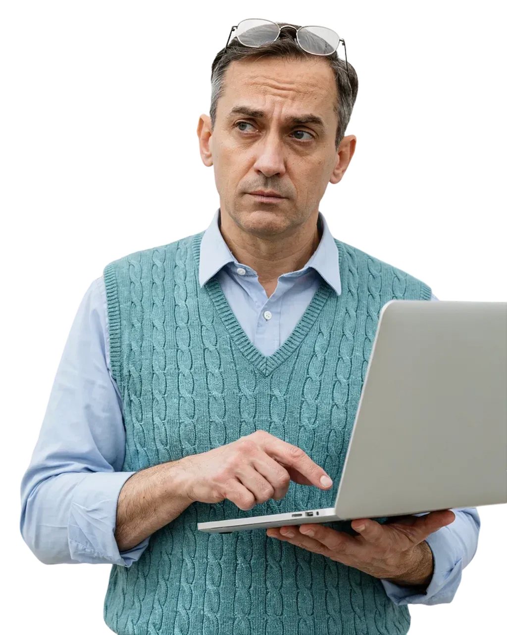 An office worker with a laptop, about to click