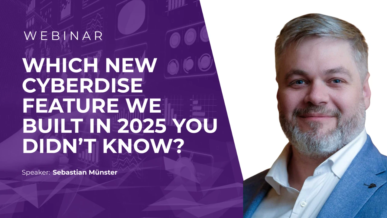 Webinar title card: "Which new Cyberdise feature we built in 2025 you didn't know?", speaker Sebastian Münster
