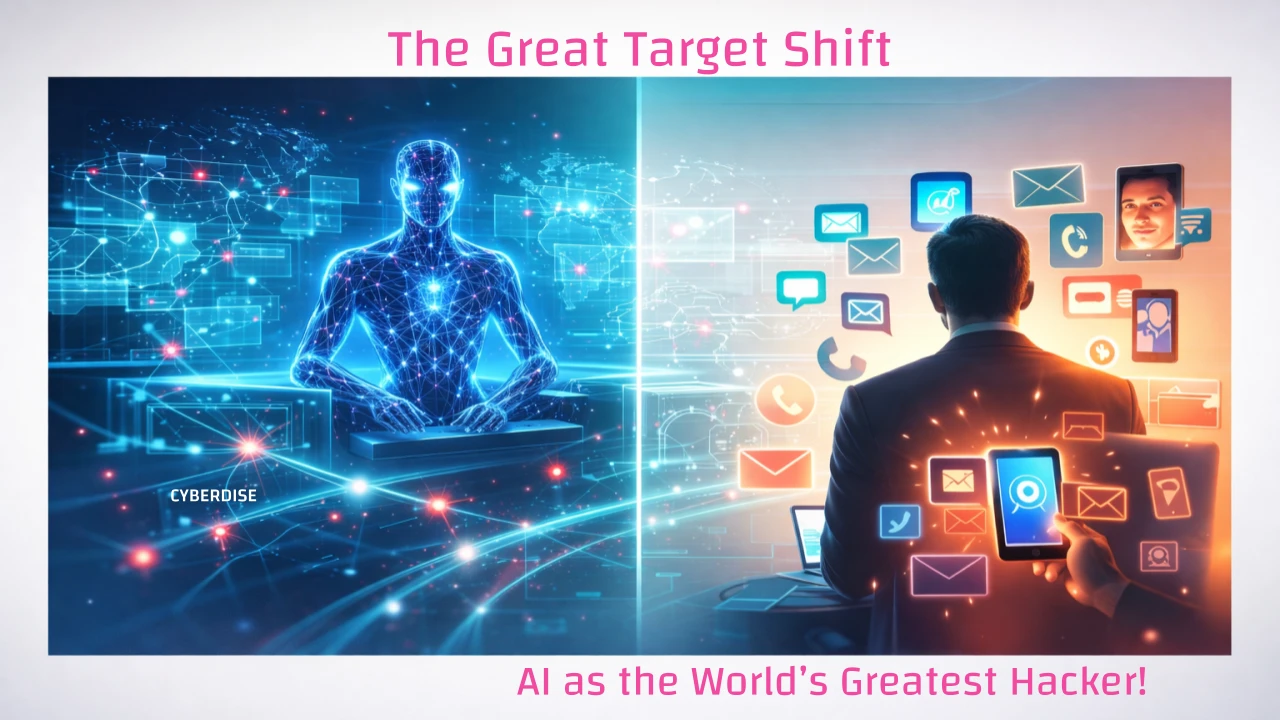 Illustration «The Great Target Shift – AI as the World's Greatest Hacker»: KI-Figur neben Mann, umringt von Nachrichten