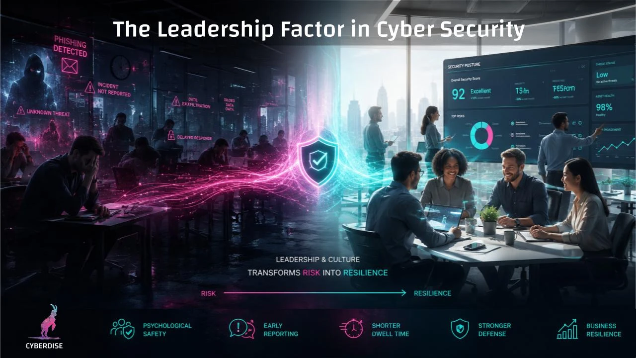 Titelgrafik «The Leadership Factor in Cyber Security»: gestresstes Büro wird zum zufriedenen Team – von Risiko zu Resilienz