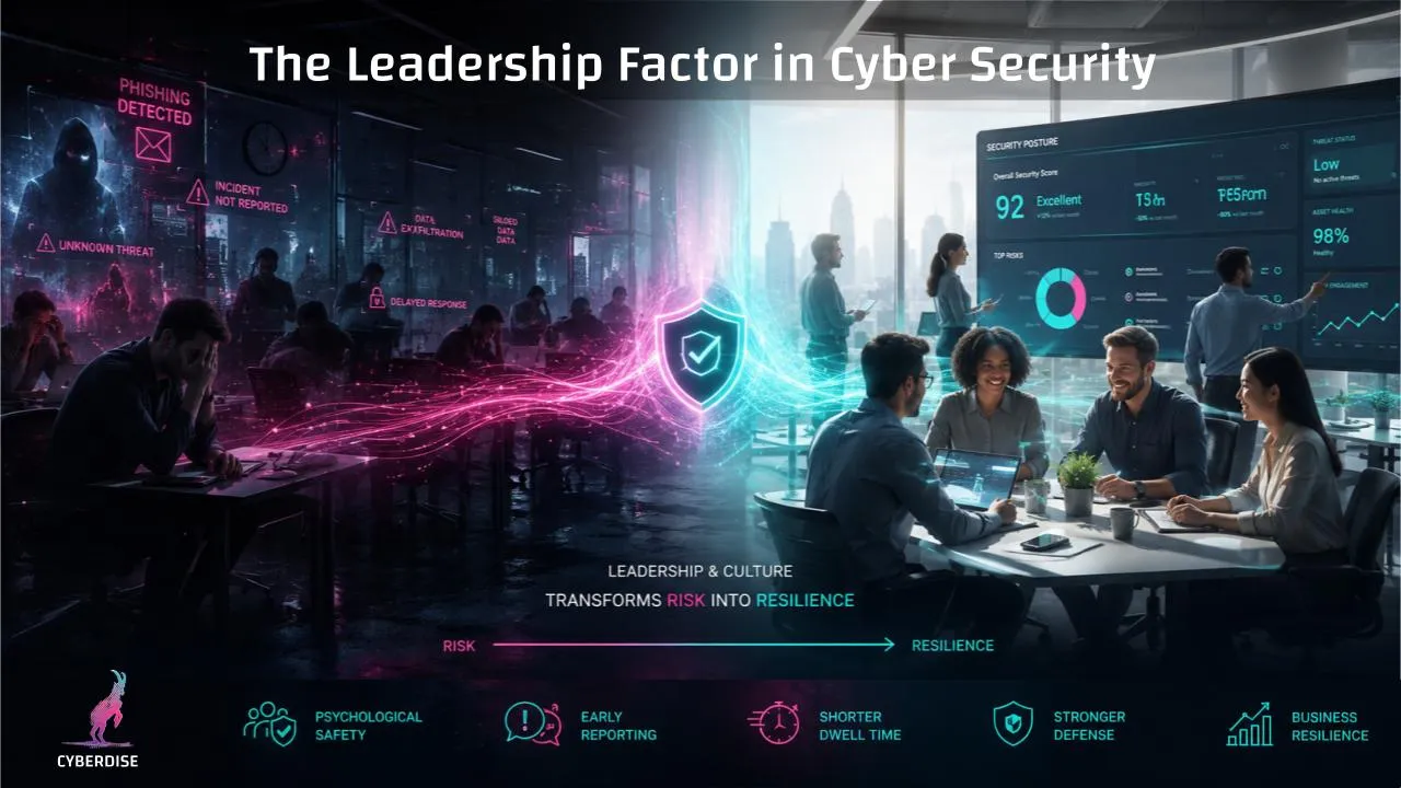 Titelgrafik «The Leadership Factor in Cyber Security»: gestresstes Büro wird zum zufriedenen Team – von Risiko zu Resilienz