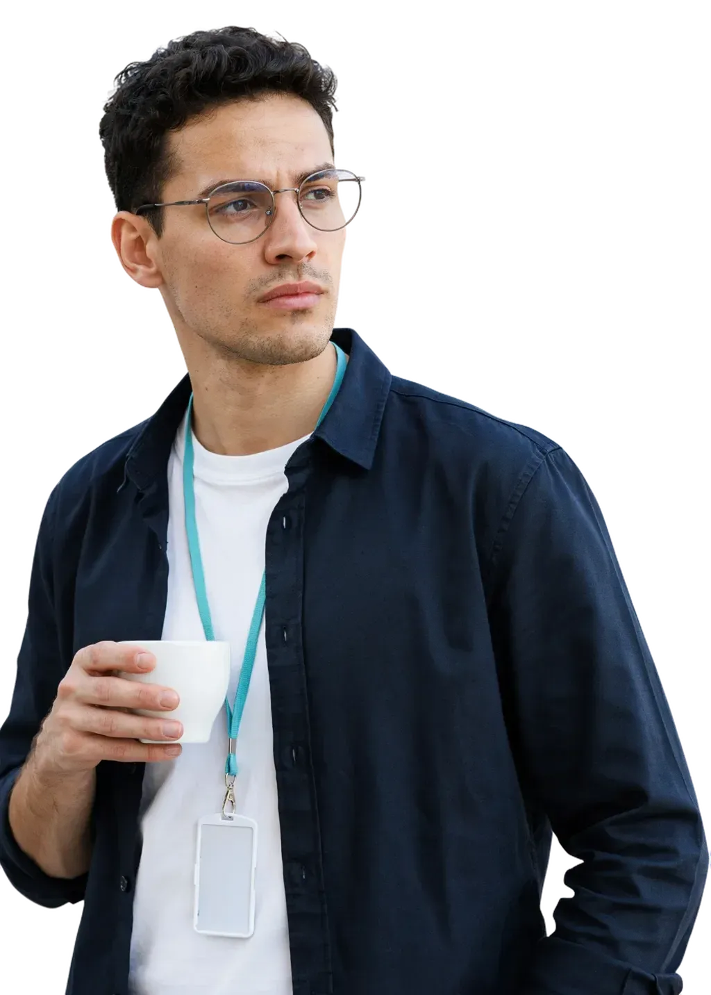 A young analyst with a coffee, reading an answer on a screen