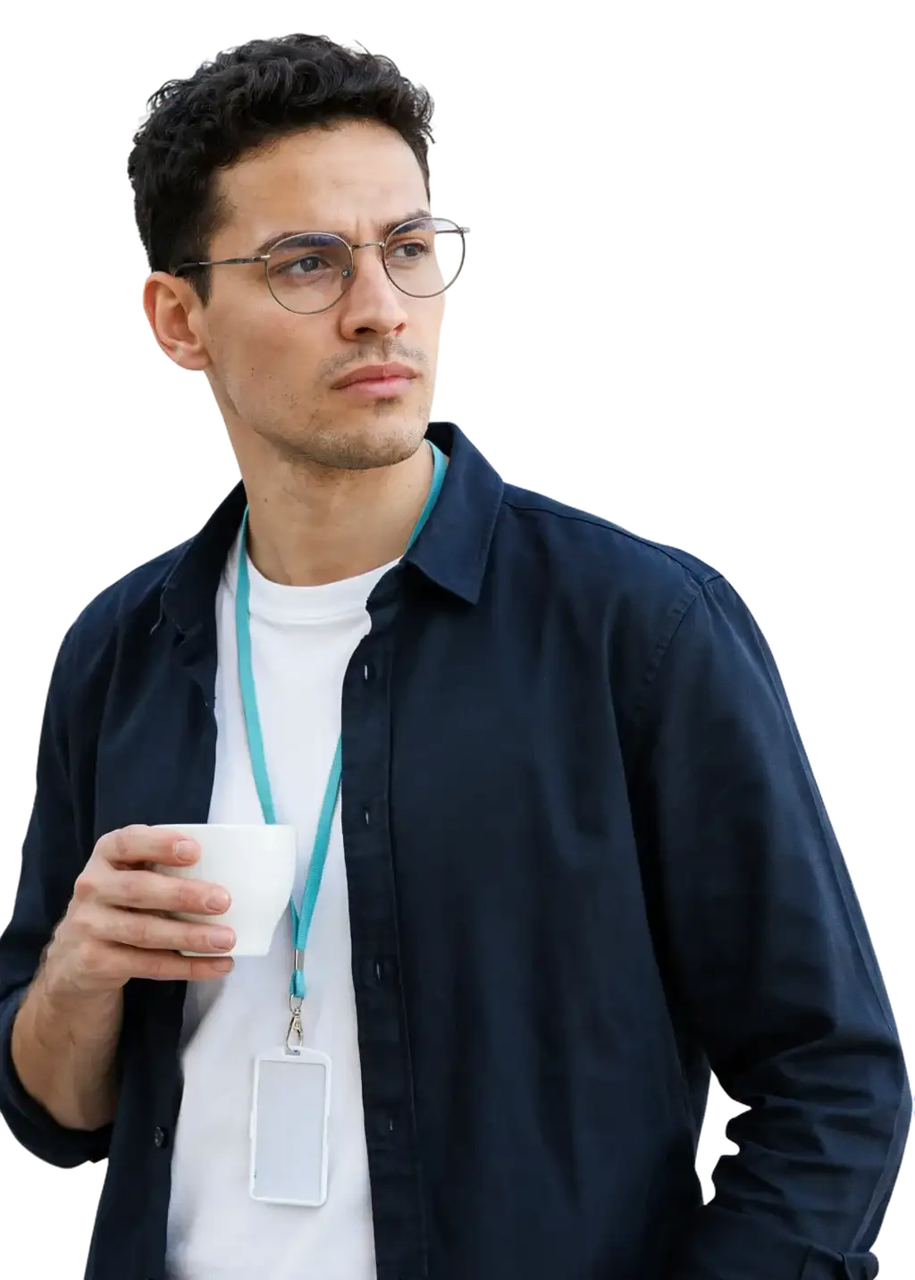 A young analyst with a coffee, reading an answer on a screen