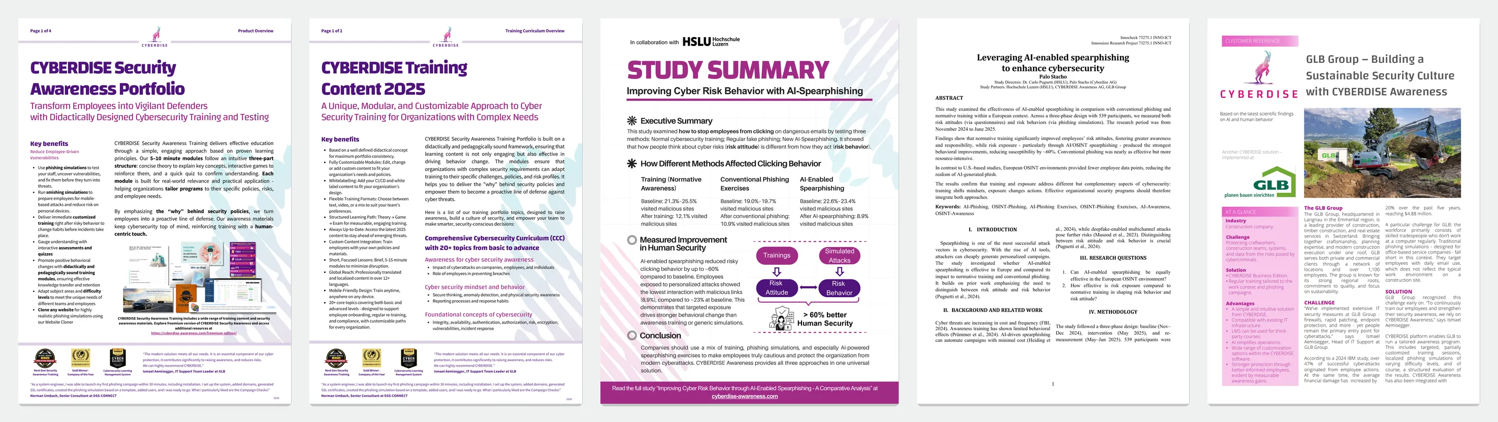 The covers of the five documents, from the training portfolio and training overview to the study summary, the full study report and the GLB case study