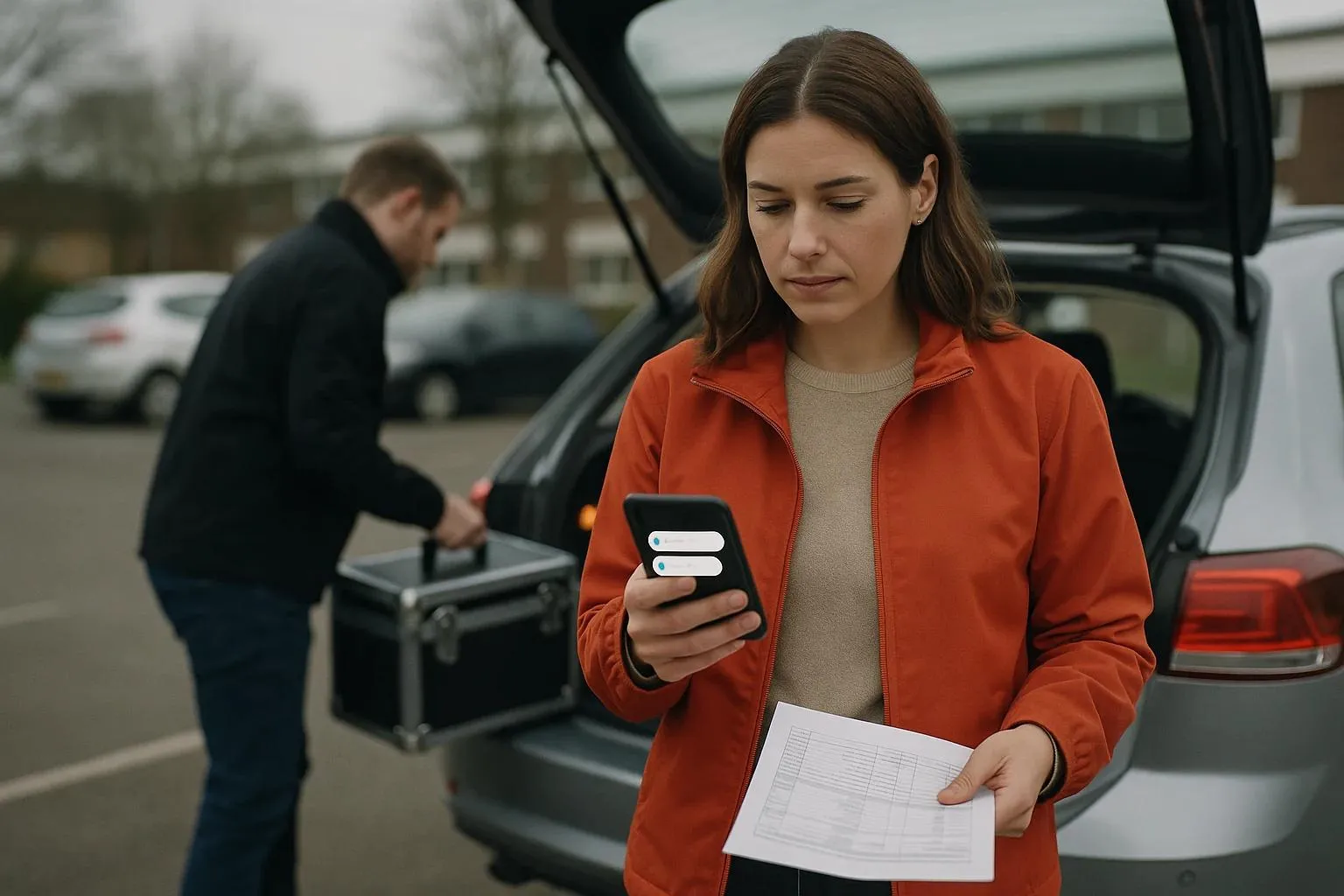 A field sales representative beside her car reading two messages that arrived a minute apart, a colleague lifting equipment out of the boot behind her
