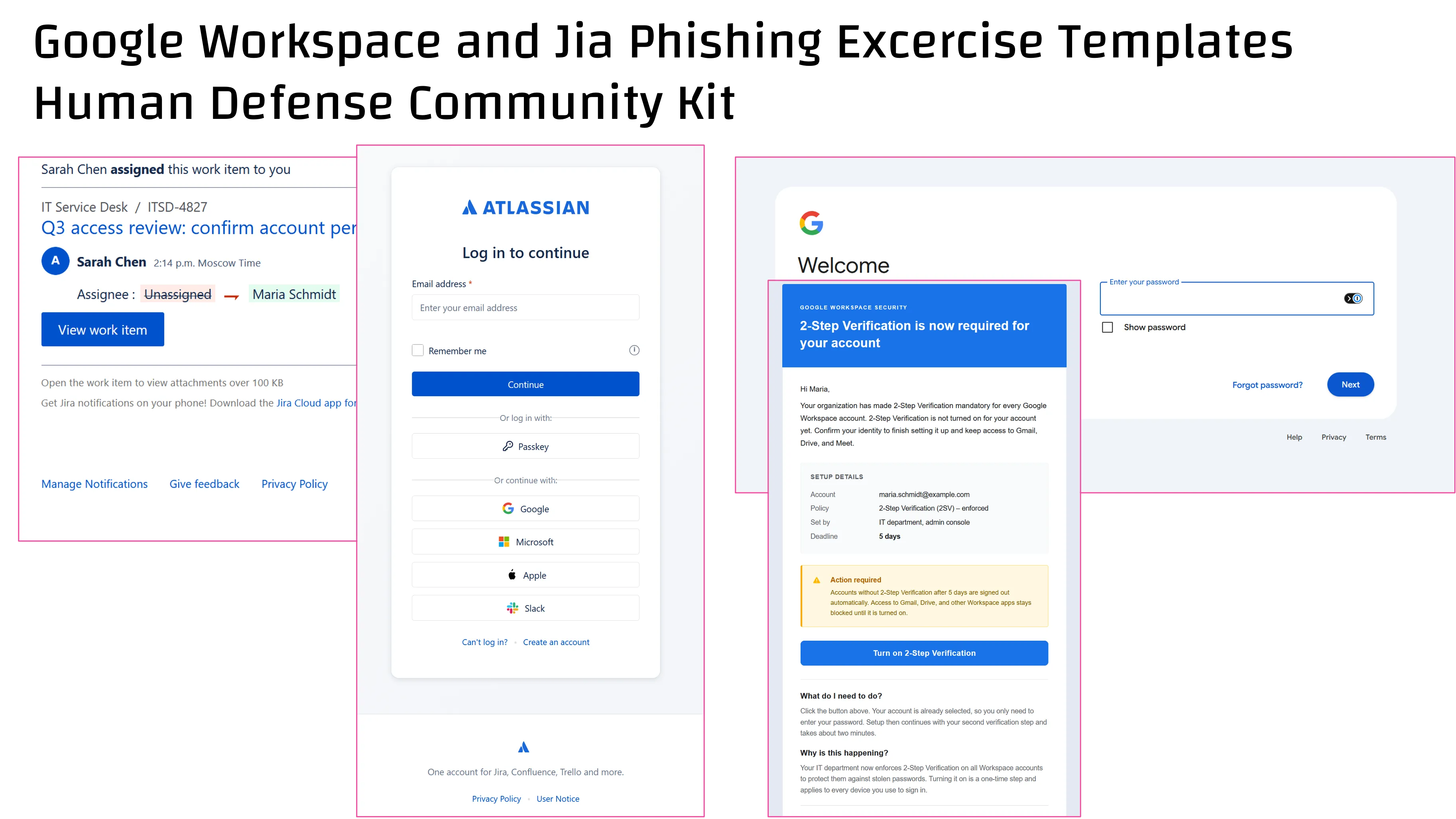 CYBERDISE phishing simulation templates: a Jira work-item notification with an Atlassian login page, and a Google Workspace notice that 2-Step Verification is now required, with a password prompt