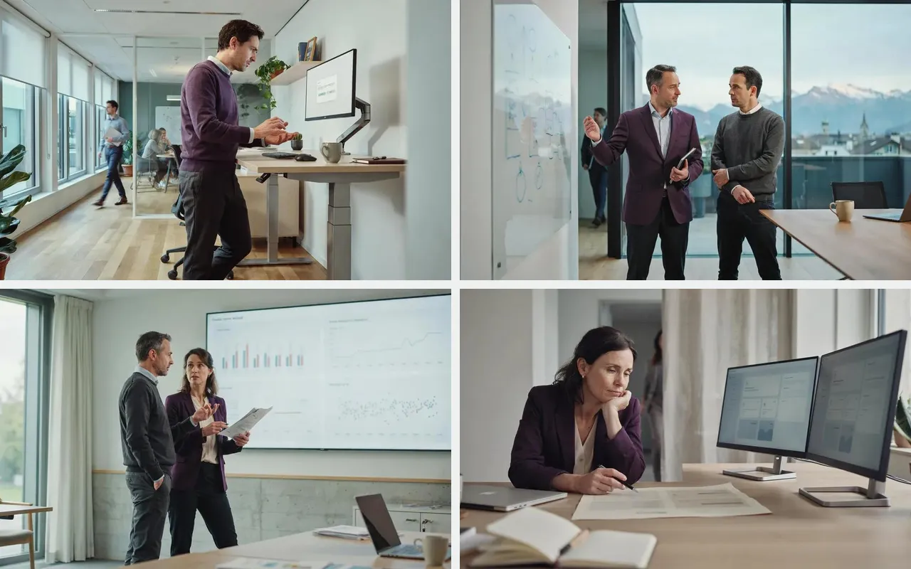 Cover photos of four recent blog articles, people at work in offices