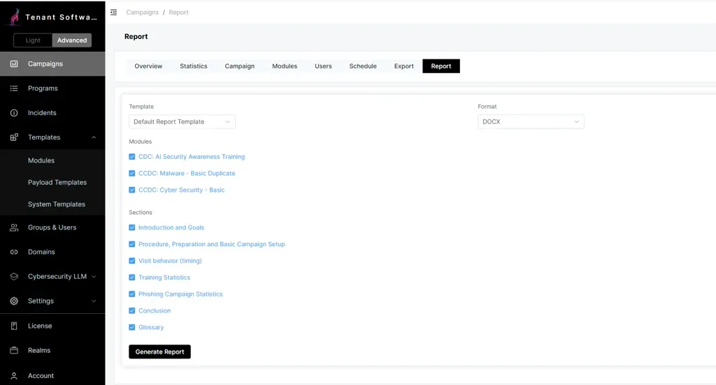 The campaign report screen in Cyberdise, choosing a report template, the modules and sections to include, and DOCX as the format
