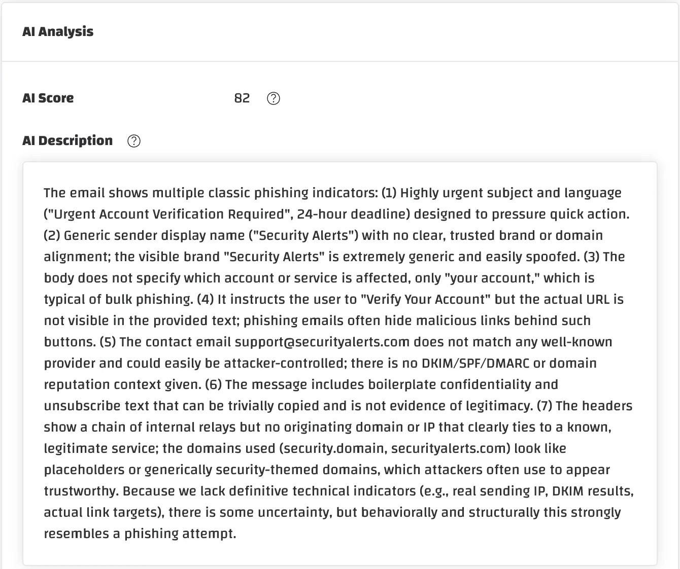 The AI analysis of a reported email in the Incident Inbox: an AI score of 82 and a written explanation of the phishing indicators it found
