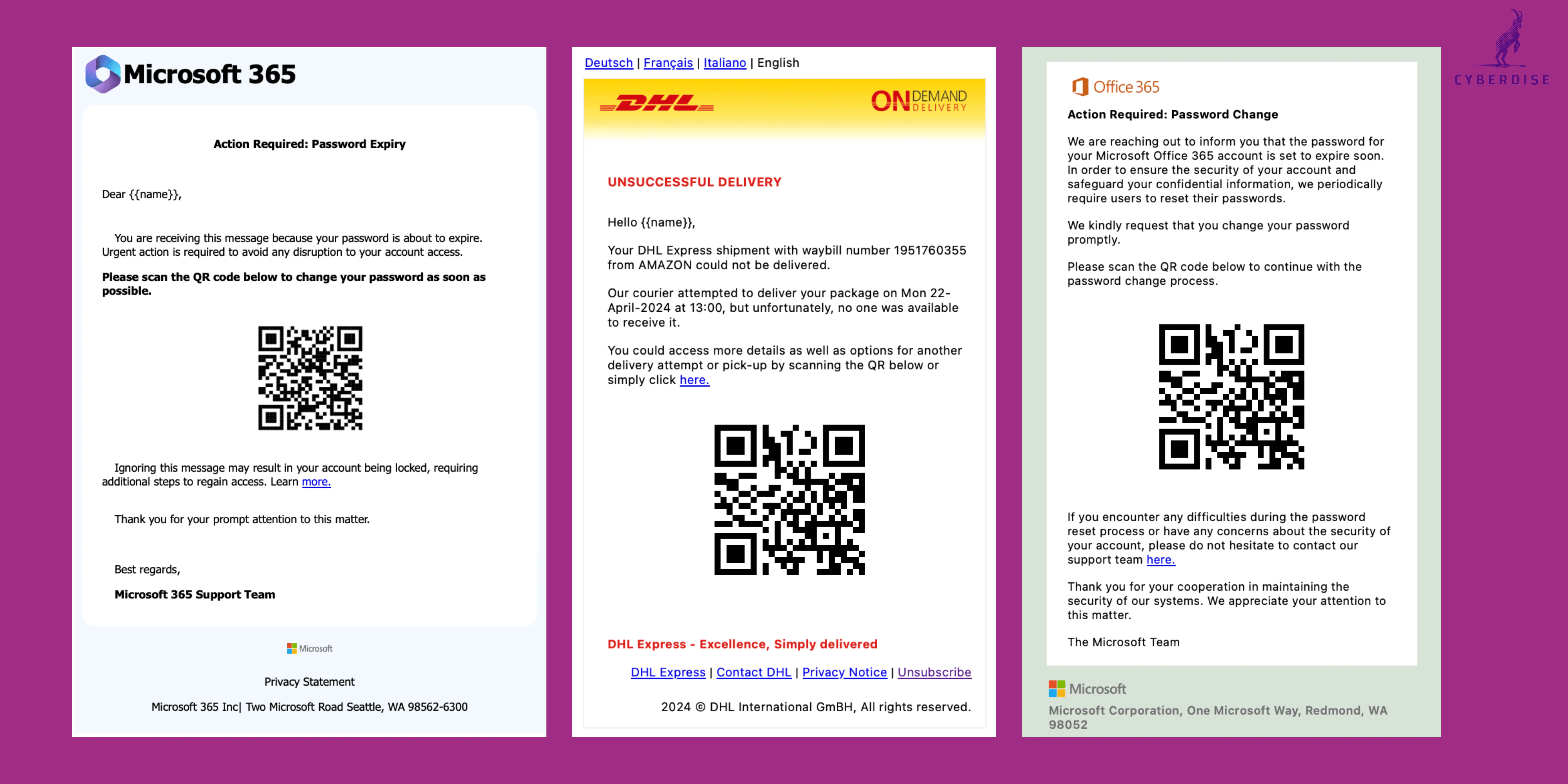 Drei Quishing-Mails mit QR-Code: Microsoft 365 Passwortablauf, gescheiterte DHL-Zustellung und Office 365 Passwortänderung