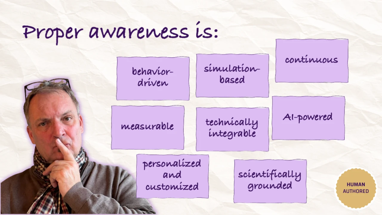 Title card "Proper awareness is:" with eight notes (behavior-driven, simulation-based, continuous, measurable, technically integrable, AI-powered, personalized and customized, scientifically grounded) beside a thoughtful man