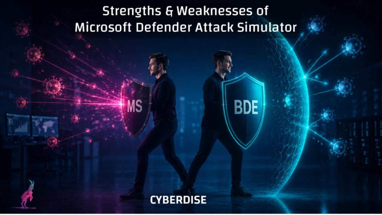 Title card "Strengths & Weaknesses of Microsoft Defender Attack Simulator": two men holding shields labelled MS and BDE against incoming attacks