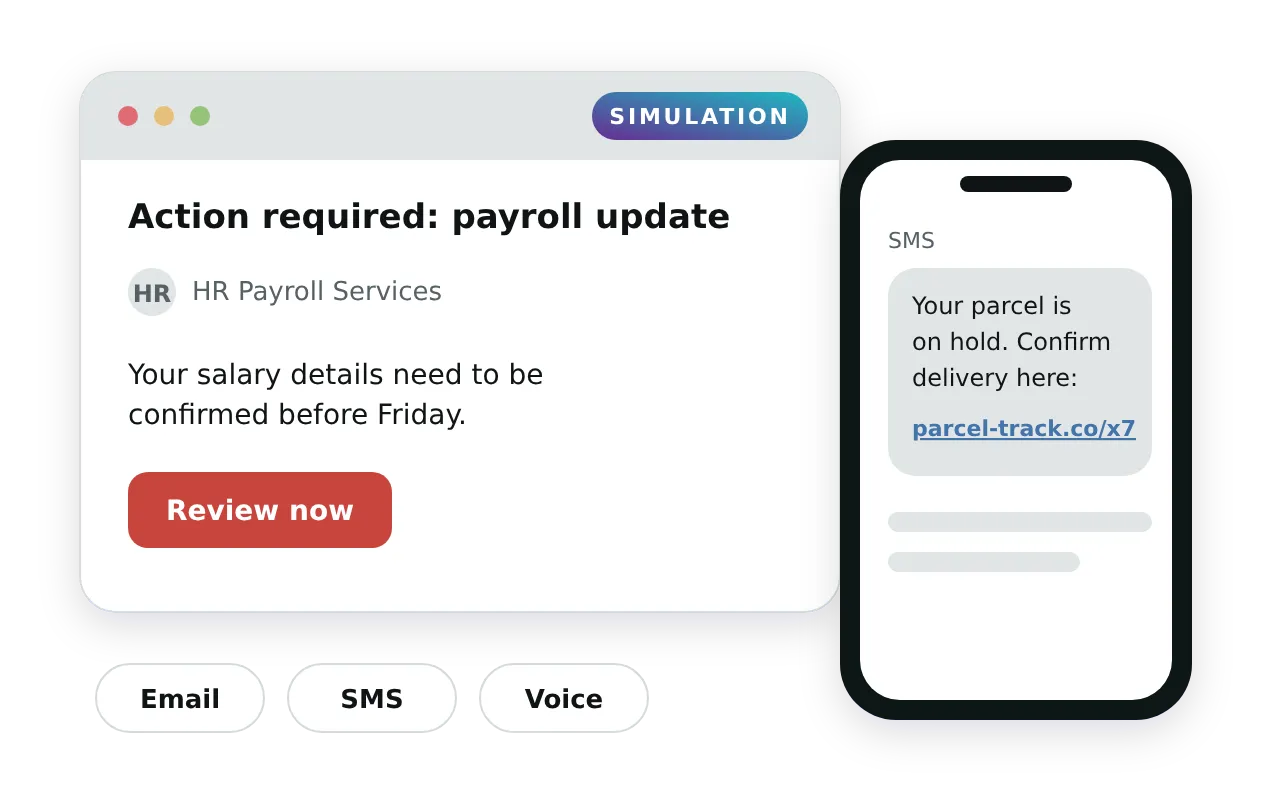 A simulated payroll phishing email next to a parcel smishing text, sent as one campaign across email, SMS and voice