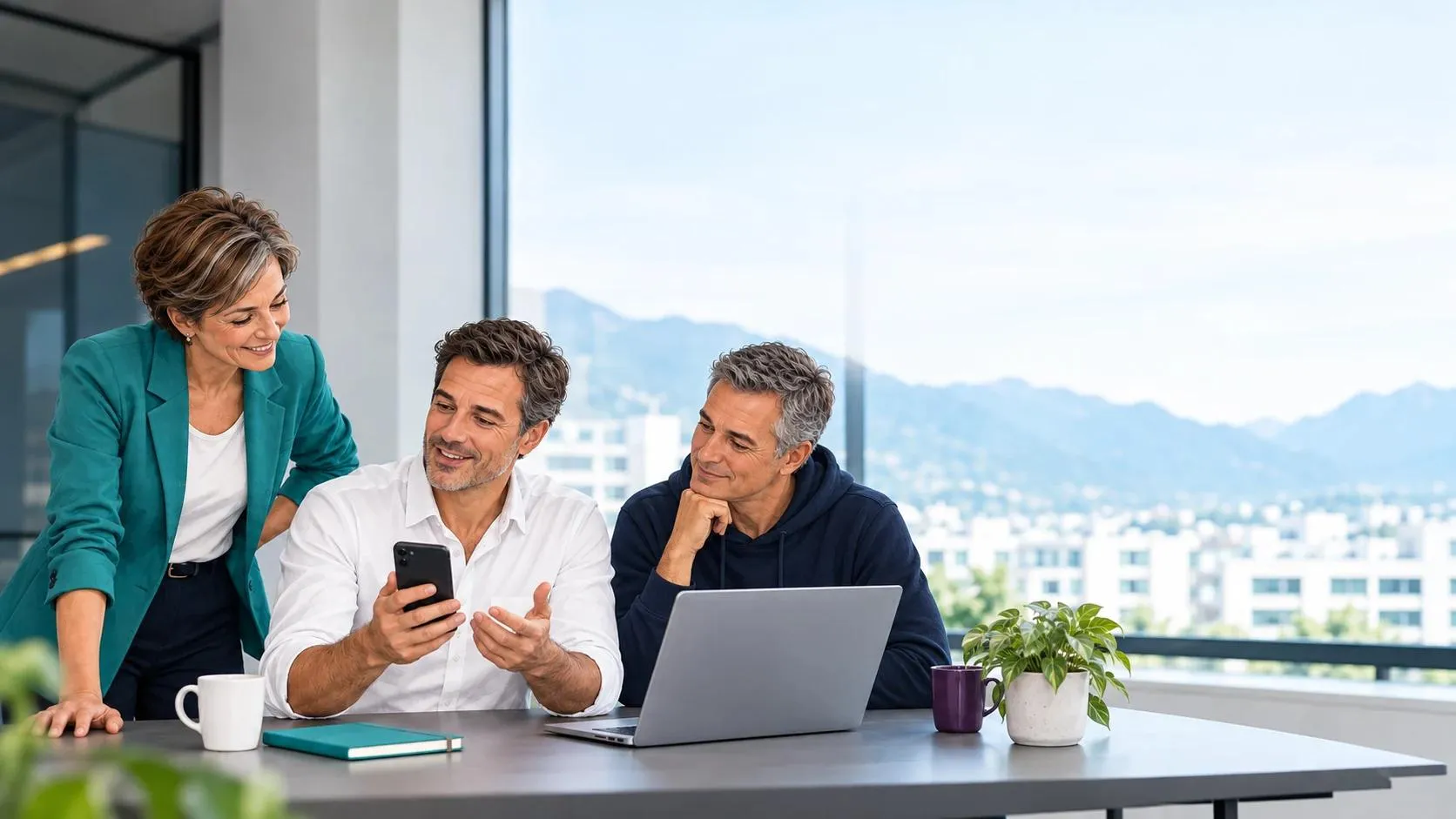 Three colleagues around a desk with a laptop and a phone, one explaining something to the other two