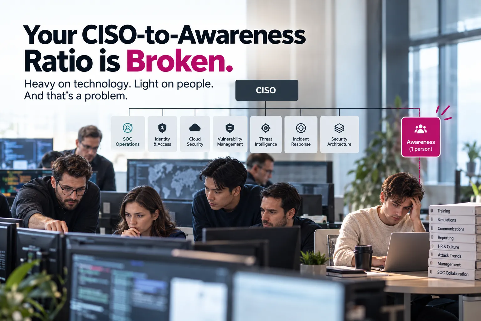 An organisation chart of a security team: 49 people working on technology and a single person responsible for the human side of cybersecurity