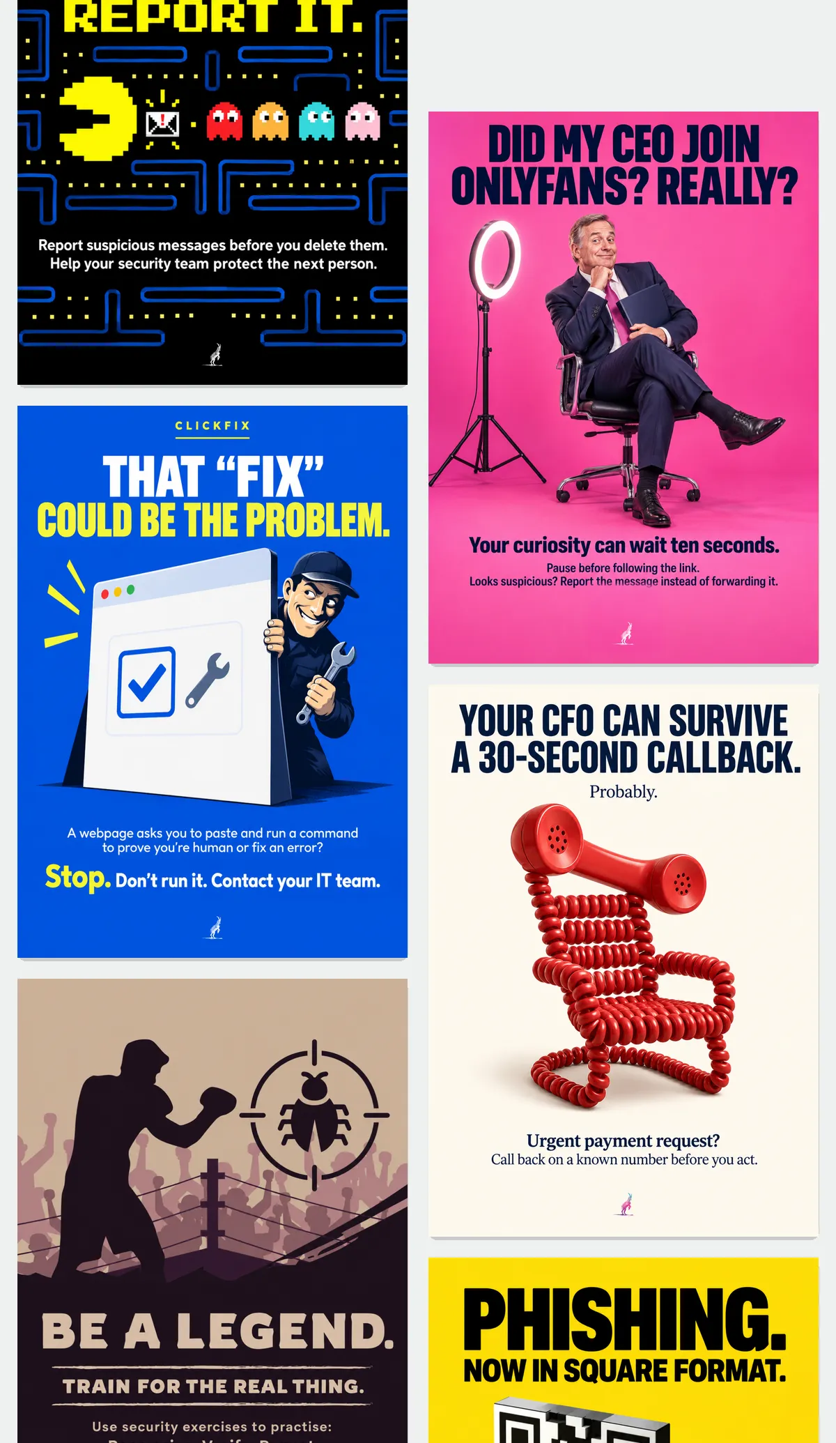 A wall of six posters from the Human Defense Month kit, from Pac-Man and the CEO on OnlyFans to ClickFix and a phone cord chair