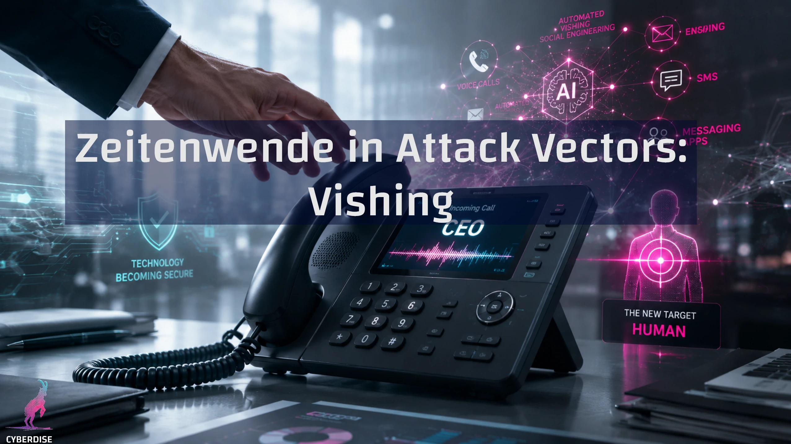 Title card "Zeitenwende in Attack Vectors: Vishing": a desk phone shows an incoming call from "CEO" amid AI attack icons