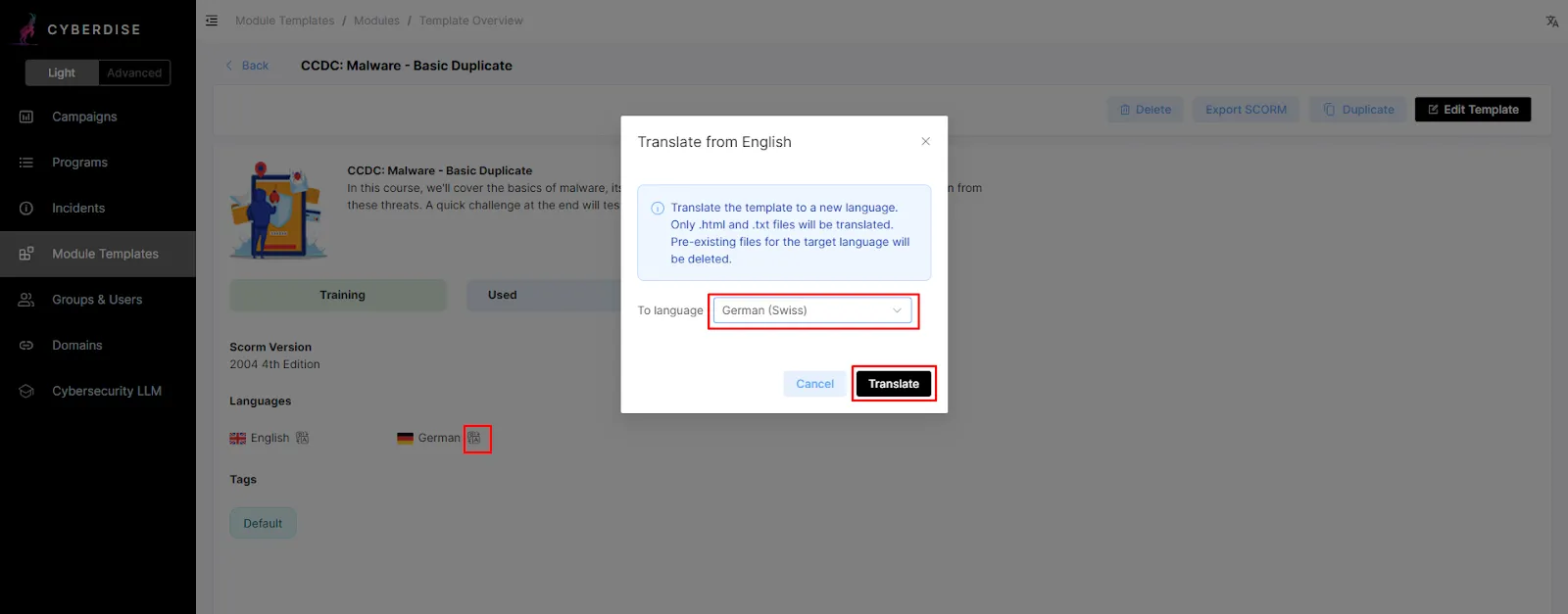 CYBERDISE-Screenshot: Dialog «Translate from English» übersetzt eine Schulungsmodul-Vorlage nach «German (Swiss)»