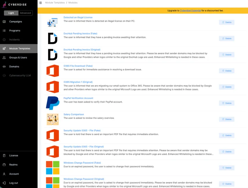 Screenshot of CYBERDISE module templates in the free tool: phishing templates such as DocHub invoice, O365, PayPal, Windows