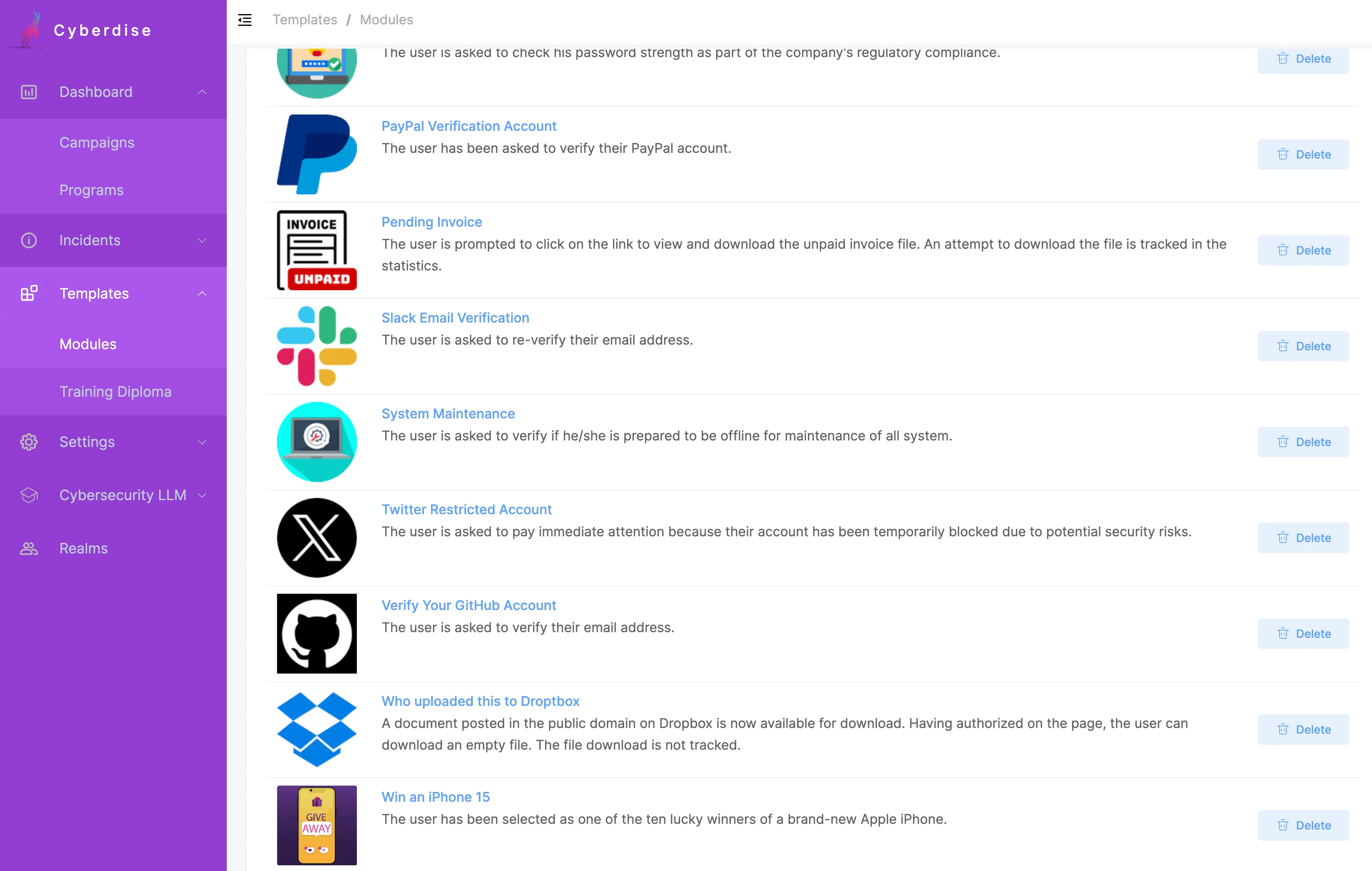 Screenshot der Cyberdise-Vorlagenbibliothek: Phishing-Vorlagen wie PayPal, Slack, GitHub, Dropbox und iPhone-15-Gewinnspiel