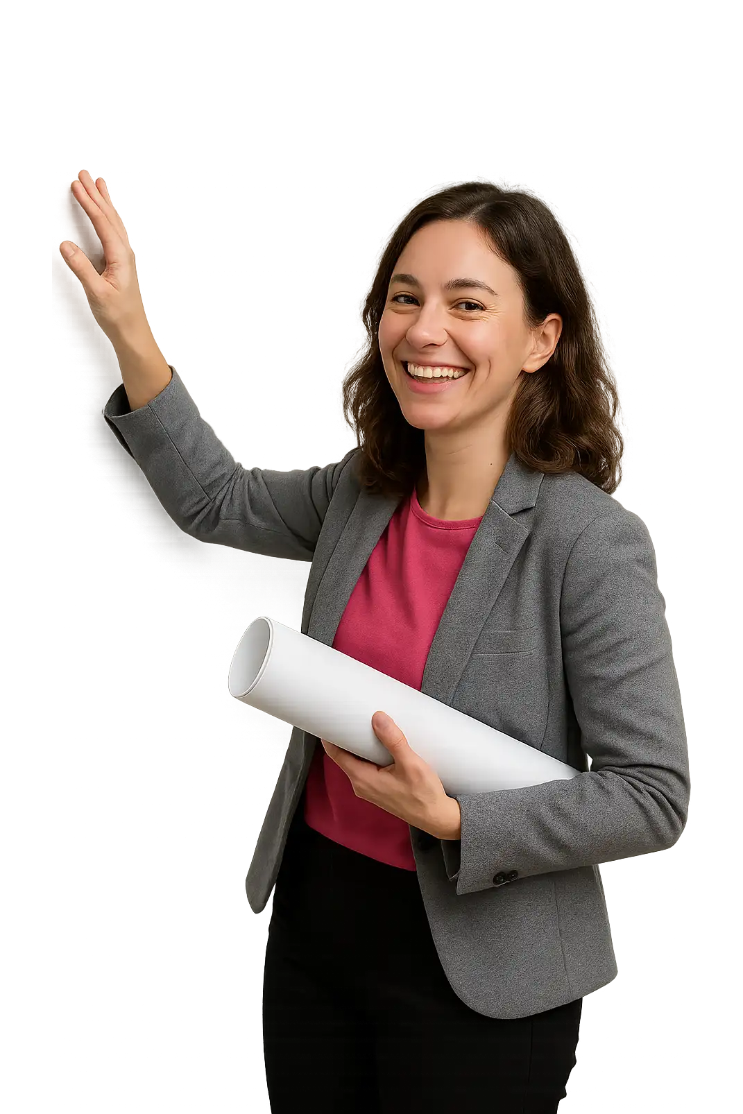 A smiling security champion with a rolled-up poster under her arm, about to put it up on the office wall
