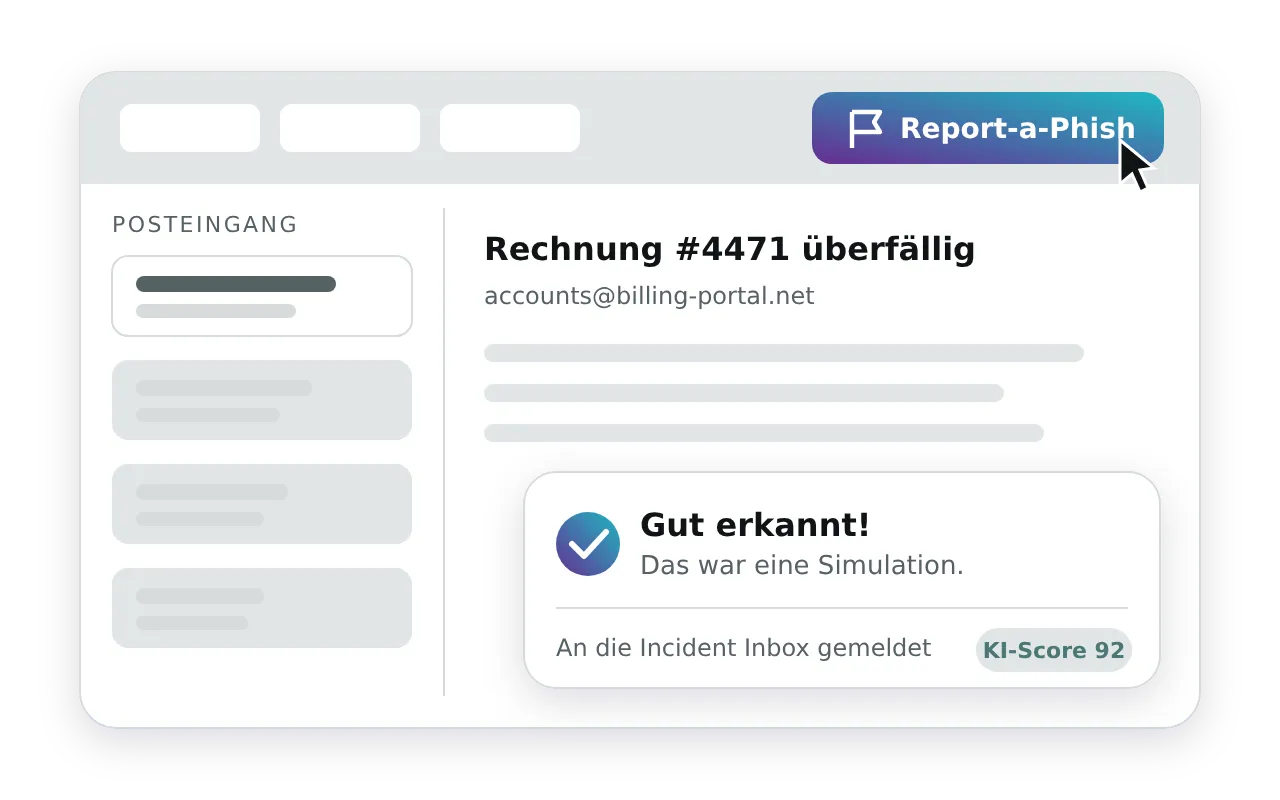 Der Report-a-Phish Button im Mailprogramm und die sofortige Rückmeldung, dass die gemeldete Nachricht eine Simulation war