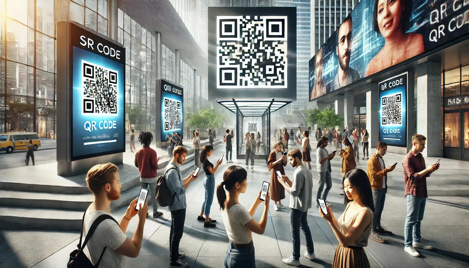 Stadtplatz, auf dem Menschen mit dem Smartphone QR-Codes auf grossen digitalen Bildschirmen und Plakatwänden scannen