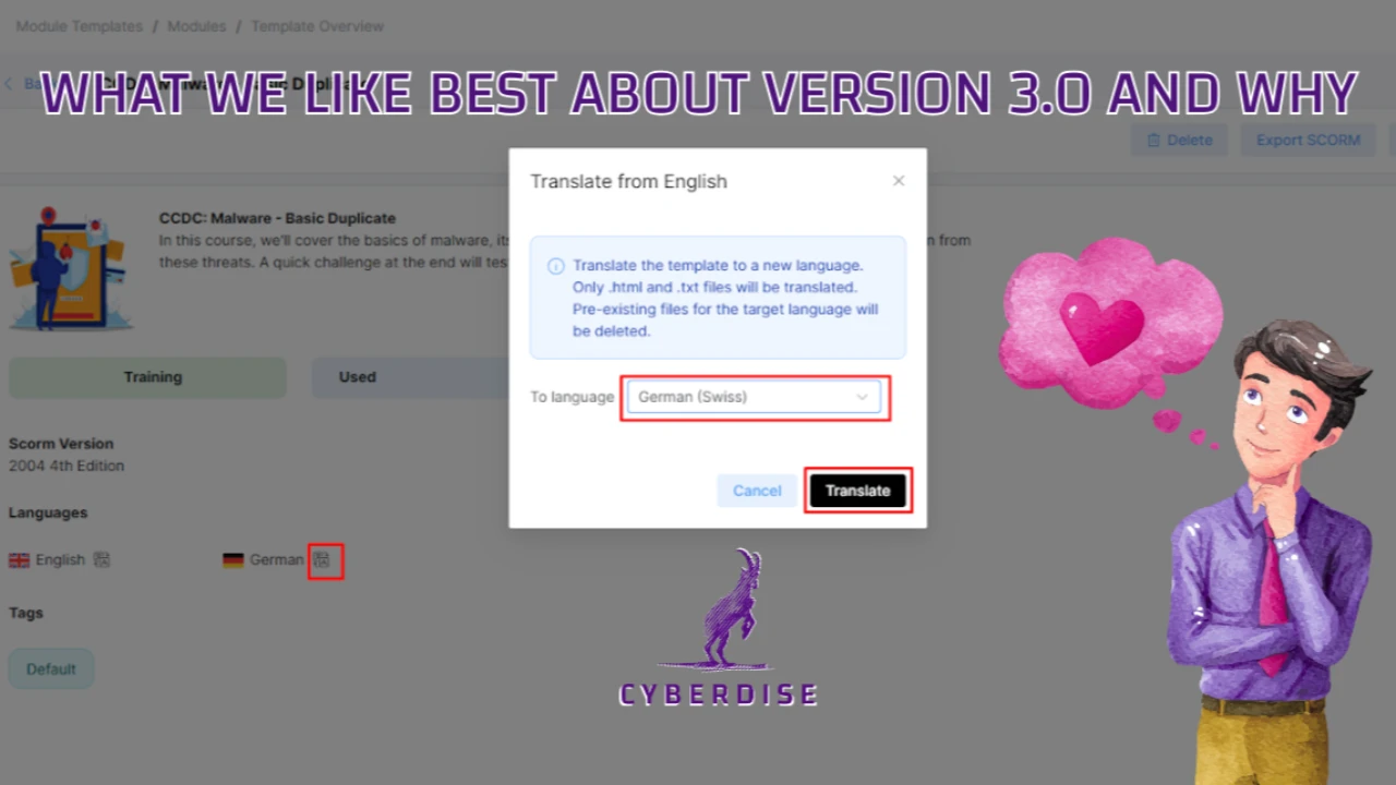 Titelgrafik: «What we like best about version 3.0 and why» über dem Dialog «Translate from English» eines Trainingsmoduls