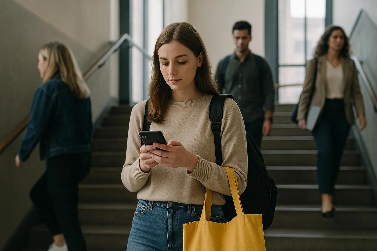 Eine Studentin auf einer Campustreppe zwischen zwei Vorlesungen, hinter ihr gehen andere Studierende vorbei