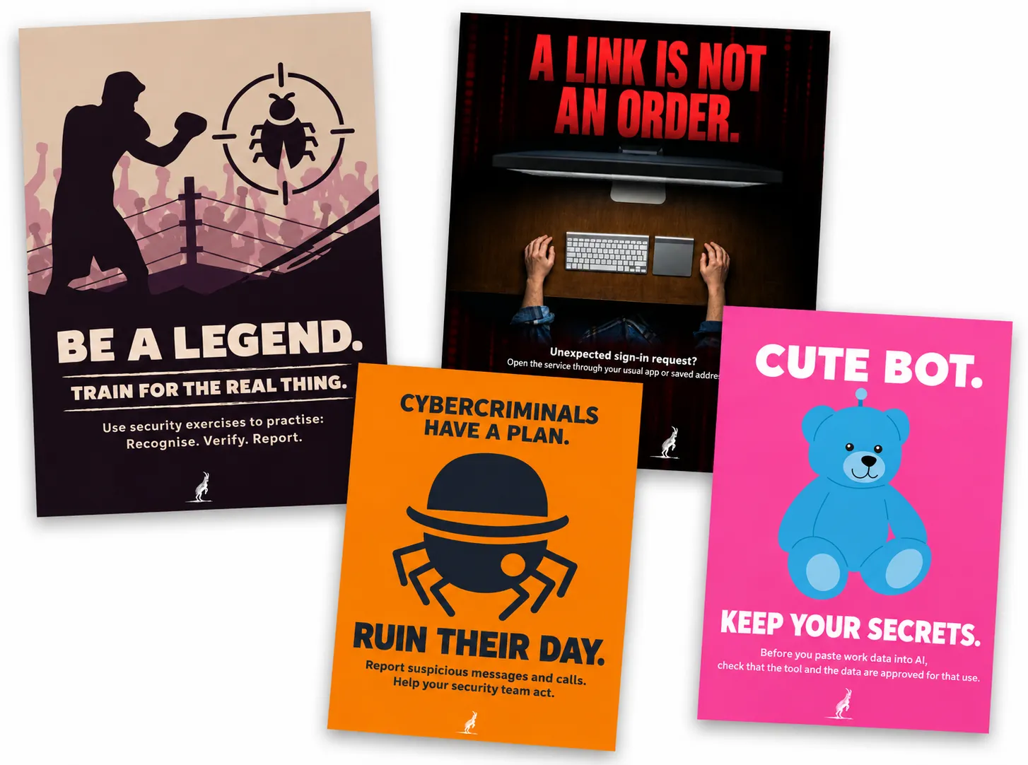 CYBERDISE poster set 2: Be a legend, A link is not an order, Ruin their day, and Cute bot