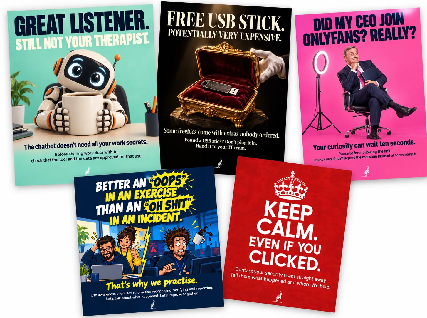CYBERDISE poster set 4: CEO on OnlyFans, Free USB, Chatbot therapist, Before our first coffee, and Oops in an exercise