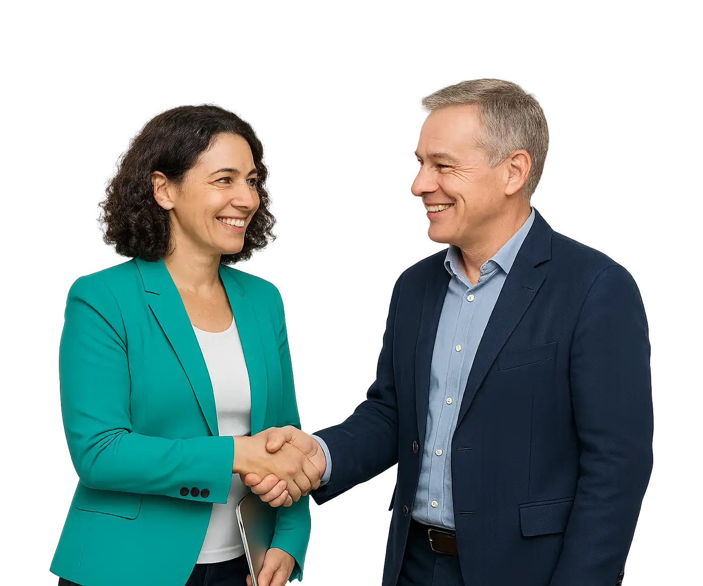 A partner consultant in a turquoise blazer shakes hands with her client, both smiling