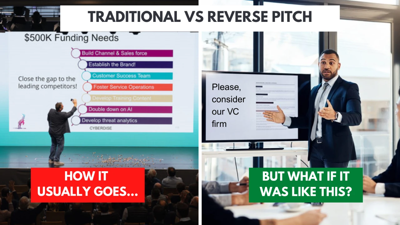 "Traditional vs reverse pitch": a founder pitches "$500K Funding Needs" on stage, a VC pitches "consider our VC firm"