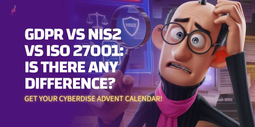 Titelgrafik: «GDPR vs NIS2 vs ISO 27001: Is there any difference?» mit ratloser Comicfigur und Lupe