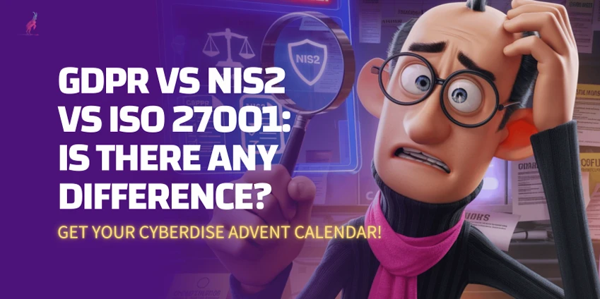 Title card: "GDPR vs NIS2 vs ISO 27001: Is there any difference?" with a puzzled cartoon man holding a magnifying glass