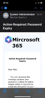 Handy-Screenshot einer Phishing-Mail «Action Required: Password Expiry» von «System Administrator», Logo «Mircrosoft 365»