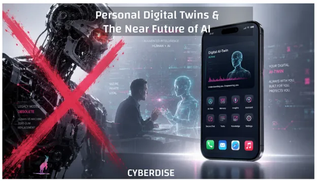 Titelgrafik «Personal Digital Twins & The Near Future of AI»: ein durchgestrichener Roboter neben einem Smartphone mit einer App für einen digitalen KI-Zwilling