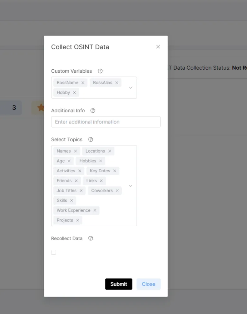 Dialog «Collect OSINT Data» in CYBERDISE: eigene Variablen und Themen wie Namen, Hobbys, Jobtitel und Arbeitskollegen